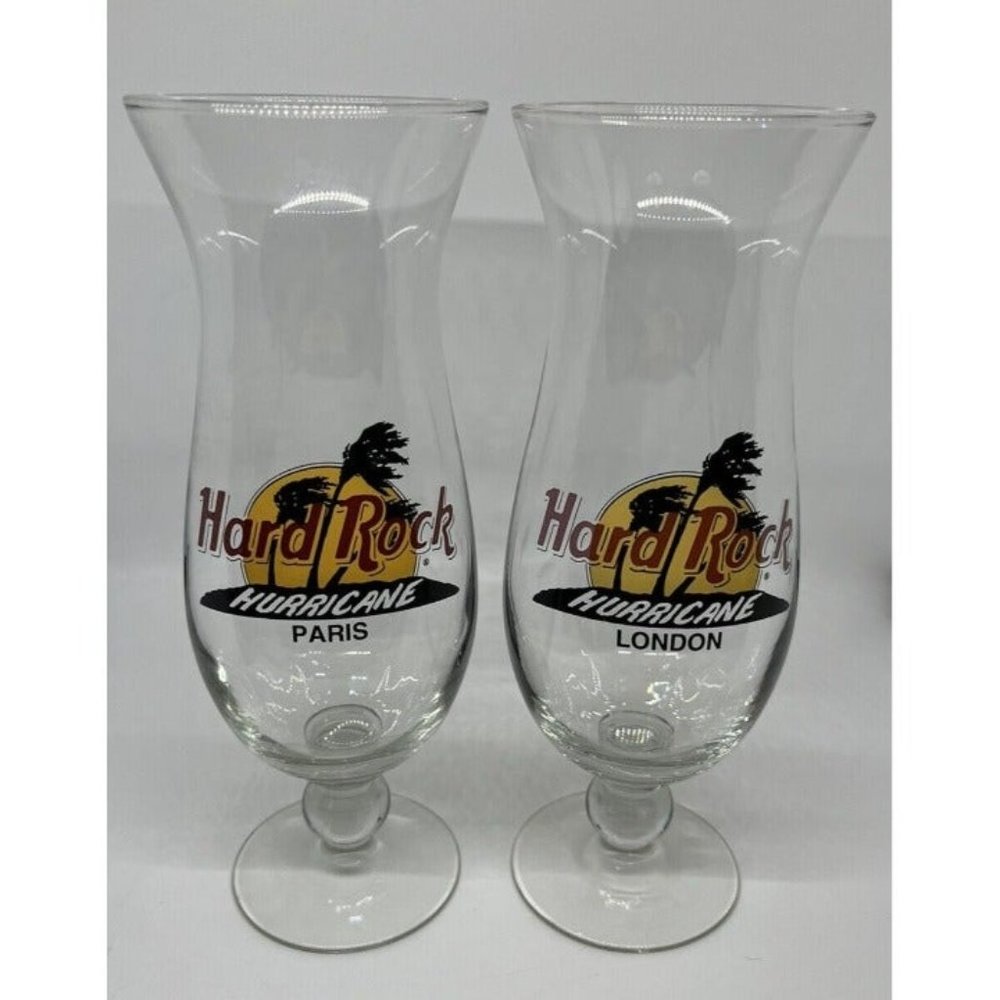 HARD ROCK CAFE Hurricane Glasses London And Paris 9” Tall Barware Souvenir Glass